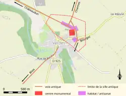 Carte en couleurs représentant la topographie d'une ville antique sur un fond de carte contemporain.
