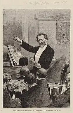 Verdi conduisant l'orchestre de l'opéra dans la représentation d'“Aida”, dessin, La Musique populaire, 3 novembre 1881.