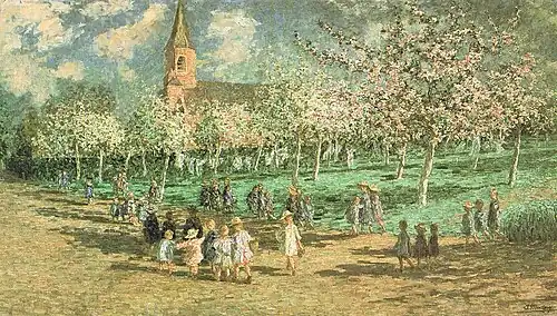 Ecoliers et verger en fleurs