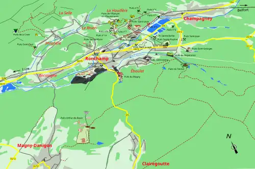 Carte du bassin minier avec des éléments subsistants mis en valeurs.