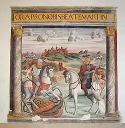 S Giorgio e S Martino,1551, affresco, iscrizione: ORA PRO NOBIS BEATE MARTINE e IO ANDREA PINTORE DE CALDAROLA FECIT, 1551
