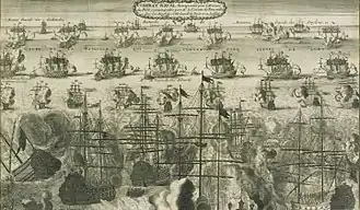 Gravure où des bateaux se tirent dessus à coup de canon