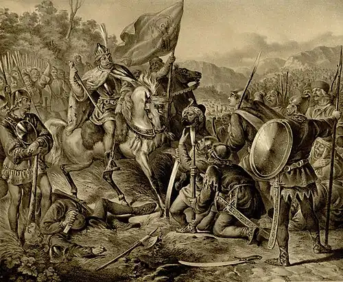 Victoire du roi de Serbie Stefan Milutin en 1274 sur les Tatars, lithographie, 1853.
