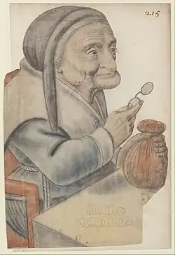 Vieille femme assise devant une table, tenant une bourse dans sa main gauche et un binocle dans sa main droite, vue de trois quarts à droite, Paris, BnF.