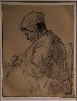 Vieille femme cousant, lithographie de Pissarro.