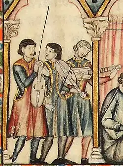 Illustration en couleurs de plusieurs hommes jouant de la musique.