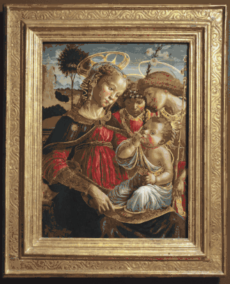 Sandro Botticelli (?), La Vierge, saint Jean-Baptiste et un ange adorant l'Enfant Jésus, deuxième moitié du XVe&nbsp;siècle, musée des Beaux-Arts d'Angers.