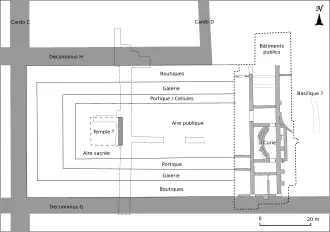 Plan de la zone centrale appelée forum de la cité de Vieux avec les espaces dédiés aux diverses activités