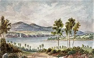 Vue depuis le nouveau fort de la pointe Lévy, avec l'Île d'Orléans et les chutes Montmorency à l'arrière-plan