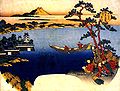 Estampe du lac Suwa par Hokusai.