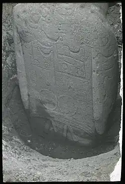 Photographie d'un moai à moitié enterré. Le dos de la statue est recouvert de motifs typiques des tatouages.