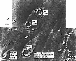« Îles » en forme de larmes formées par les éjectas des cratères Lod, Bok et Gold à « l'embouchure » d'Ares Vallis dans Chryse Planitia, par 21°&nbsp;N et 329°&nbsp;E.