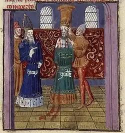 Enluminure montrant Guillaume&nbsp;III éborgné par un bourreau et accompagné d'un ecclésiastique coiffé d'une mitre