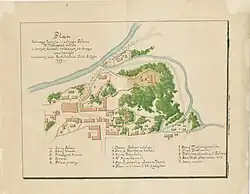 Ancienne carte de Vilnius représentant les bâtisses, au centre, et les cours d'eau qui la traversent.