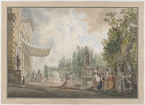 Palazzina Borghese (Rome), eau-forte de Volpato aquarellée par Abraham-Louis-Rodolphe Ducros (vers 1780).