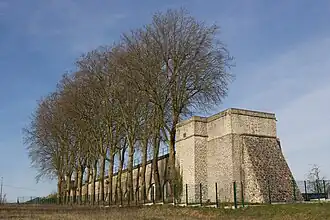 Vue d'un ouvrage d'art composé de piles et d'arches pleines ; passerelle au sommet.