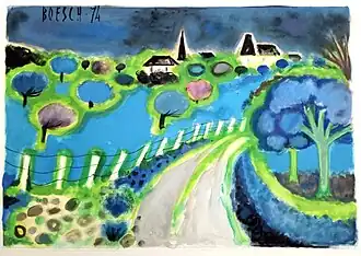 Village onirique, aquarelle sur papier, 50&nbsp;×&nbsp;65&nbsp;cm, 1974.