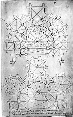 Croquis du tracé du chœur d'une église inventé par Villard de Honnecourt, et, au-dessous, du chœur de la cathédrale de Meaux.