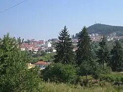 photographie couleurs : une ville de montagne à travers des arbres