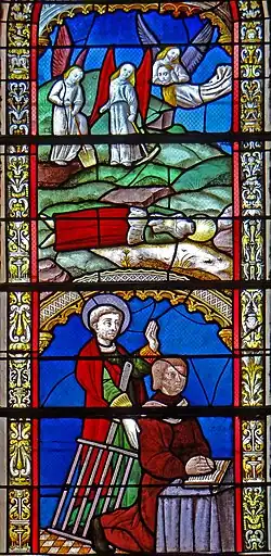 En partie inférieure, saint Laurent avec le grill et un donateur. En partie supérieure, l'ensevelissement de sainte Catherine d'Alexandrie par les anges