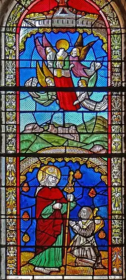 En partie inférieure, saint Jacques et un pèlerin. En partie supérieure, sainte Catherine d'Alexandrie décapitée est enlevée au ciel par des anges