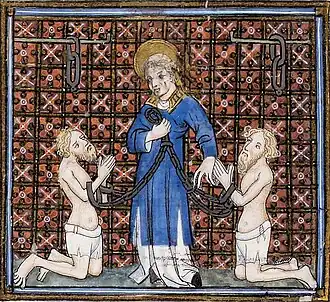 Saint Léonard entre deux prisonniersVincent de Beauvais, Speculum historiale (vers 1370-1380)BnF Ms. NAF 15944