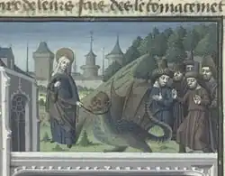 Marthe et la Tarasque, détail de la partie supérieure du folio 340v, Manuscrits Français 50 de la BNF, Vincentius Bellovacensis, Speculum historiale (XVe&nbsp;siècle).