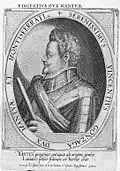 Vincent&nbsp;Ier, duc de Mantoue et Montferrat, 1597Mantua progenies, antiquae ab origine gentisLunatis peltis fulme et horor eratRace de Mantoue, descendant d'une antique famille, ses boucliers en lune portaient foudre et effroi