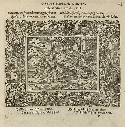 3. Byblis aime son frère, xylographie, illustration des Métamorphoses d'Ovide publiée par Johannes Posth, Rijksmuseum, Amsterdam.