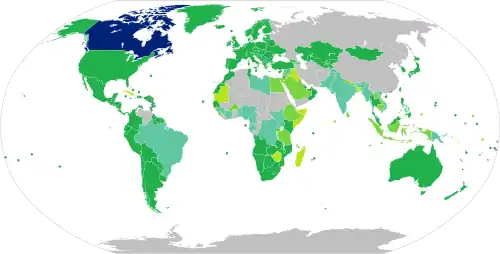 Carte du monde décrivant les formalité d’entrée des Canadiens dans les autres pays, tel que décrit dans la légende