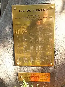 Photo numérique. Plaque en cuivre fixée sur une pierre portant des noms gravés.