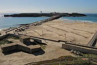 Vue de la pointe de Tarifa depuis la ville de Tarifa avec le Maroc de l'autre côté du détroit de Gibraltar et l'océan Atlantique sur la droite.