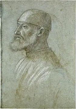 Tête d'homme barbu coiffé d'une casquette, de profil à gauche, 1460-1499, 18,5&nbsp;×&nbsp;26,5&nbsp;cm, Pierre noire, lavis brun, rehauts de gouache blanche, sur papier bleu. Morgan Library and Museum, New York.