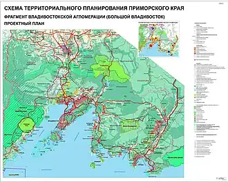 Carte d'un schéma d'urbanisme de Vladivostok et de ses alentours montrant les différents usages de terrains, y compris les zones habitées, les zones protégées et les voies de communication. La carte a une légende à droite en russe.