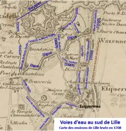 Voies d'eau au sud de Lille en 1708