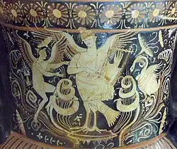 Sirène grecque du IVe&nbsp;siècle&nbsp;av. J.-C. Avec ses sept sœurs, elles ont comme attribut chacune une note de musique associée à une couleur.