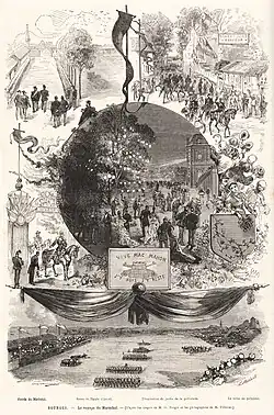 Dessin de presse montrant plusieurs scènes, dont des parades militaires.