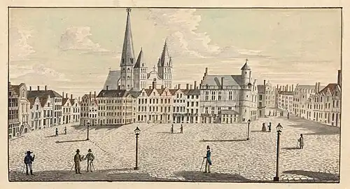 Place du marché devant l'église Saint-Jacques de Gand, gravure de Jean-Baptiste Joseph Wynantz, v. 1820-1823.