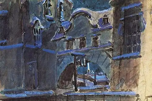 Esquisse de décor Le Petit Canal d'hiver pour La Dame de Pique, 1901 opéra de Piotr Ilitch Tchaïkovski Acte III tableau I. Aquarelle sur papier 15,5&nbsp;×&nbsp;22,5&nbsp;cm