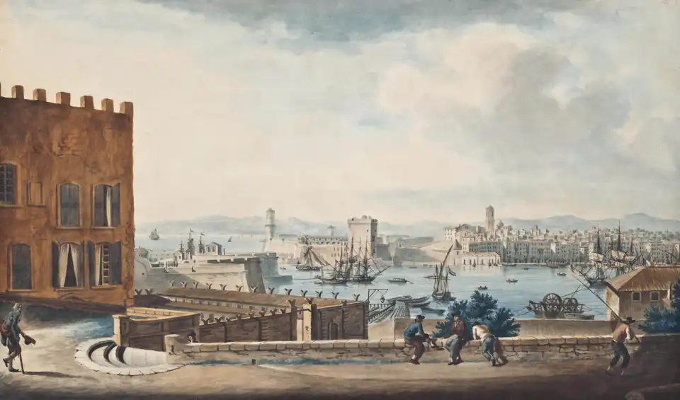 Vue de l'entrée du port de Marseille, prise place de l'Abbaye, Saint-Victor (1816), localisation inconnue.