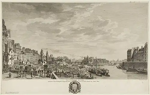 Quai des Célestins (à gauche) vu du quai de l'Hôtel de Ville, les pointes des îles Saint-Louis et la Cité, quai aux Fleurs, en 1788 (dessin de Louis-Nicolas de Lespinasse, gravure de Pierre-Gabriel Berthault).