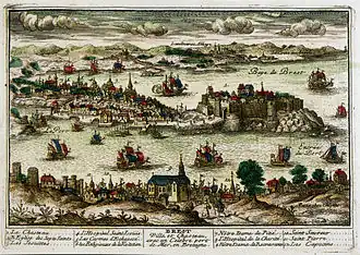 Vue cavalière de Brest et de sa rade au XVIIe&nbsp;siècle.