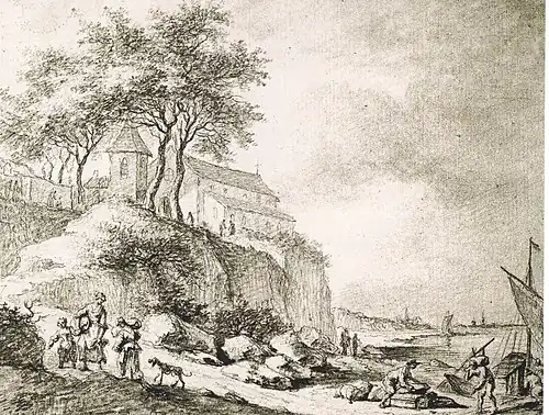 Lithographie en noir et blanc représentant une église sur un promontoire et, en contrebas, des villageois marchant sur un chemin.