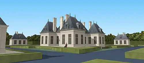 Restitution de la vision de biais sur le château-neuf de Princé, vers 1630.