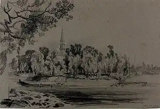 Vue de l'église de Loctudy dans son environnement en septembre 1860, par Alexandre Sole.