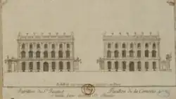 Gravure au burin sur papier vergé représentant les pavillons Jacquet et de la Comédie formant la rue Stanislas.