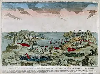 L'attaque française contre Terre-Neuve en 1762. Le Robuste y sert comme navire-amiral. (Vue d'optique, gravure aquarellée)
