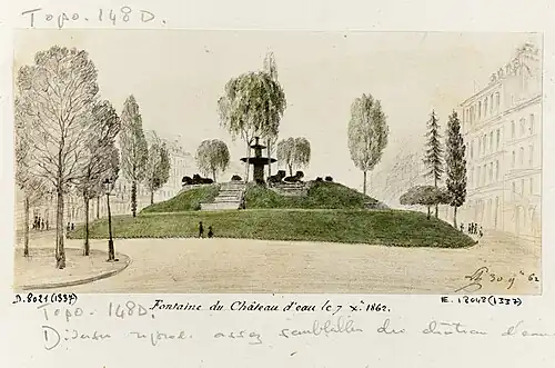 La fontaine du Château d'eau en 1862, peu avant son déplacement.