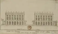 Gravure au burin sur papier vergé représentant les hôtels des Fermes et de Monsieur Alliot formant la rue Sainte-Catherine.