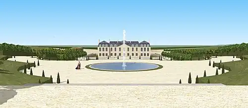 depuis le haut de l'escalier central. Le parterre est "effacé" et le bassin s'ajuste parfaitement avec le château. Jeu visuel typique d'André Le Nôtre ;